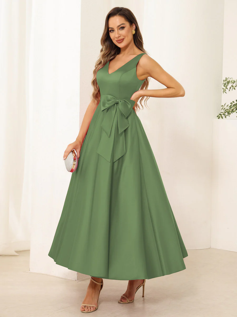 A-Line/Princess V Neck Sleeveless Long Evening Dresses with Bow Knot - Image 47
