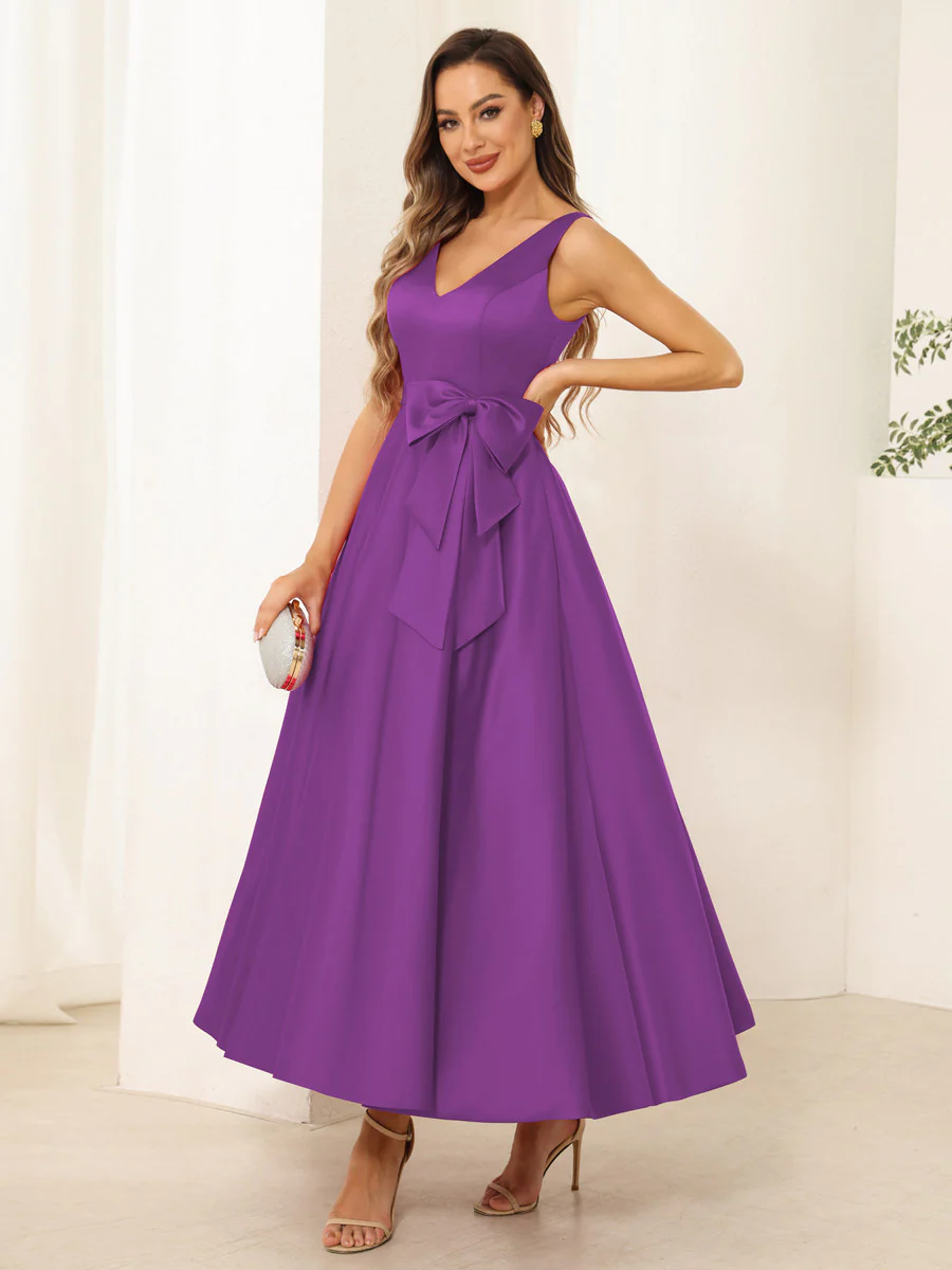 A-Line/Princess V Neck Sleeveless Long Evening Dresses with Bow Knot - Image 49