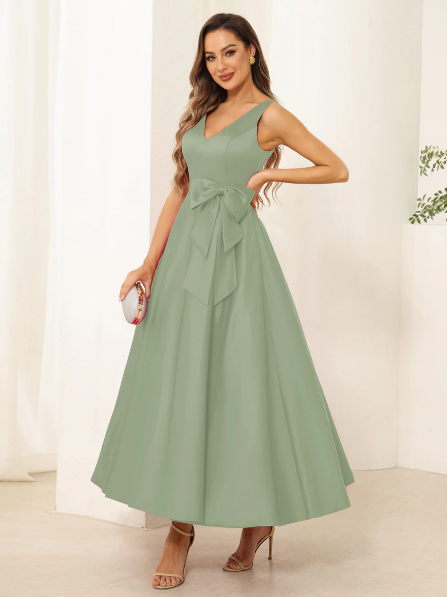 A-Line/Princess V Neck Sleeveless Long Evening Dresses with Bow Knot - Image 59