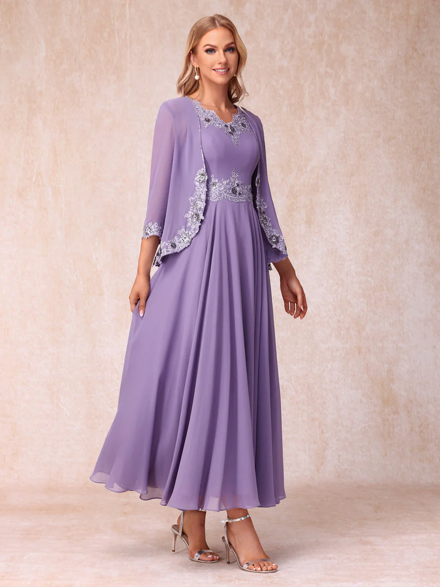 A-Line/Princess V-Neck Sleeveless Long Formal Evening Dresses with Appliques & Jacket - Image 5