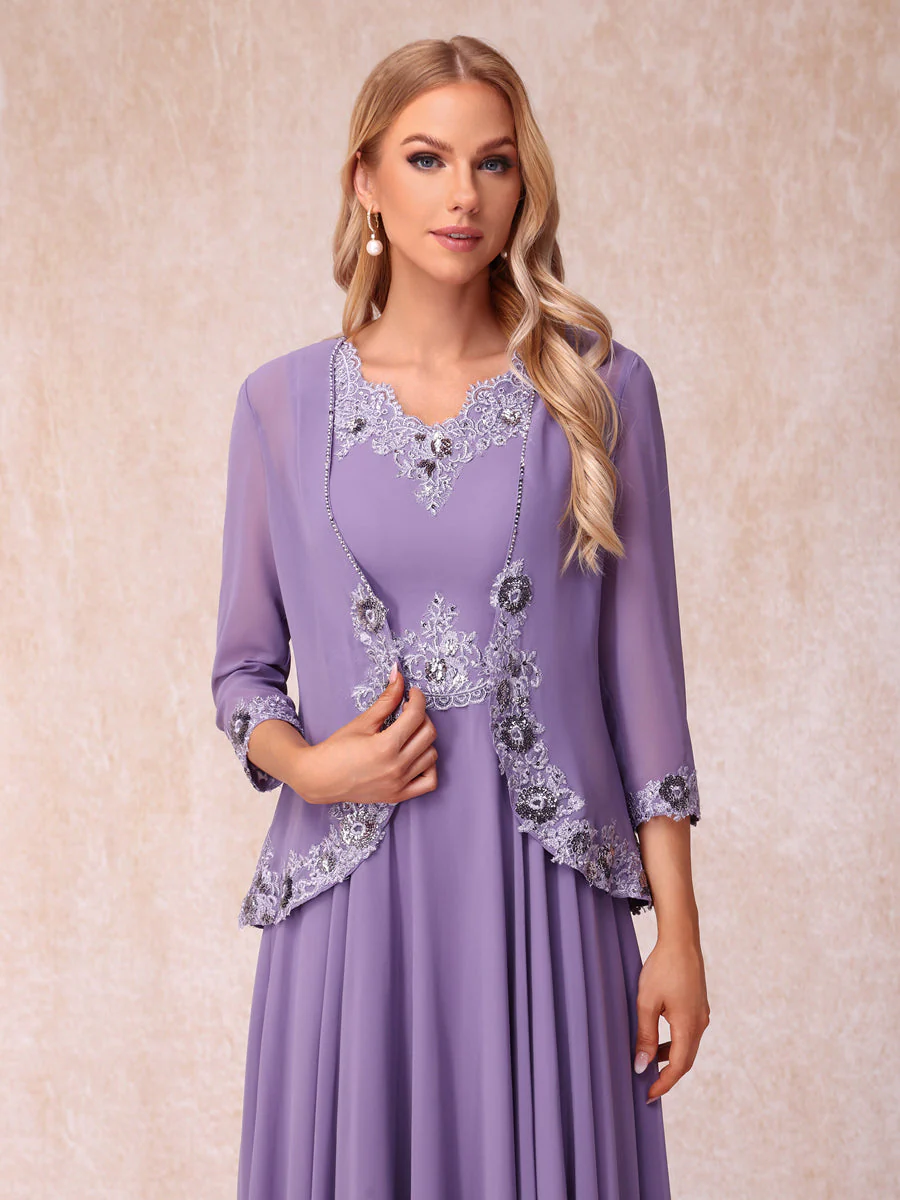 A-Line/Princess V-Neck Sleeveless Long Formal Evening Dresses with Appliques & Jacket - Image 6
