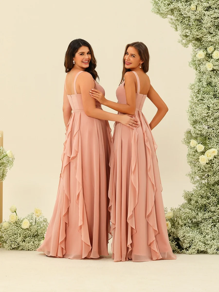 A-Line/Princess V-Neck Sleeveless Long Plus Size Ruched Bridesmaid Dresses with Ruffles - Image 4