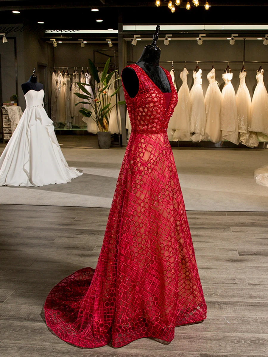 A-Line/Princess V-Neck Sleeveless Rhinestone Backless Red Floor-Length Wedding Dresses - Image 3