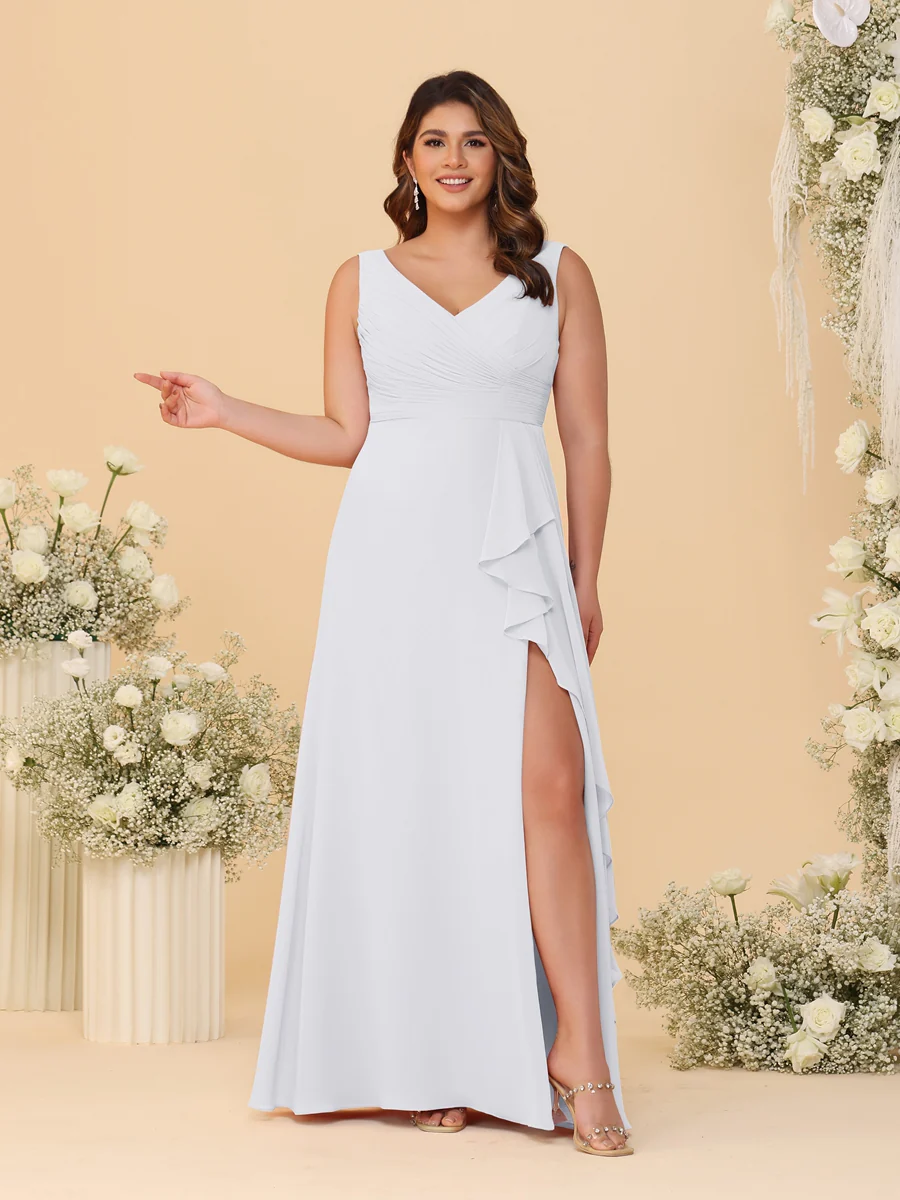 A-Line/Princess V-Neck Sleeveless Ruched Chiffon Plus Size Bridesmaid Dresses With Side Slit & Ruffles - Image 21