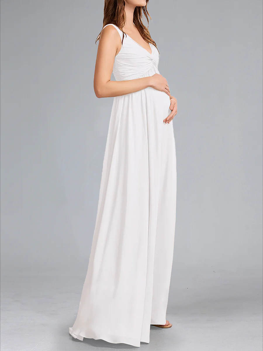 A-Line/Princess V-Neck Sleeveless Ruched Floor-Length Baby Shower Wedding Dresses - Image 3