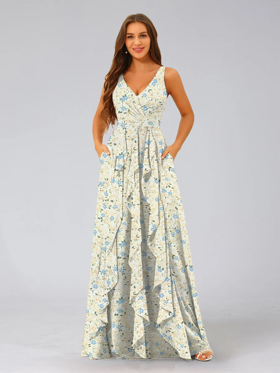 A-Line/Princess V-Neck Sleeveless Ruffles Floral Bridesmaid Dresses - Image 3