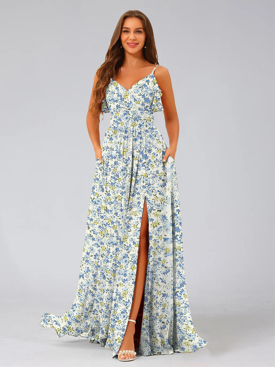 A-Line/Princess V-Neck Sleeveless Ruffles Floral Bridesmaid Dresses - Image 3