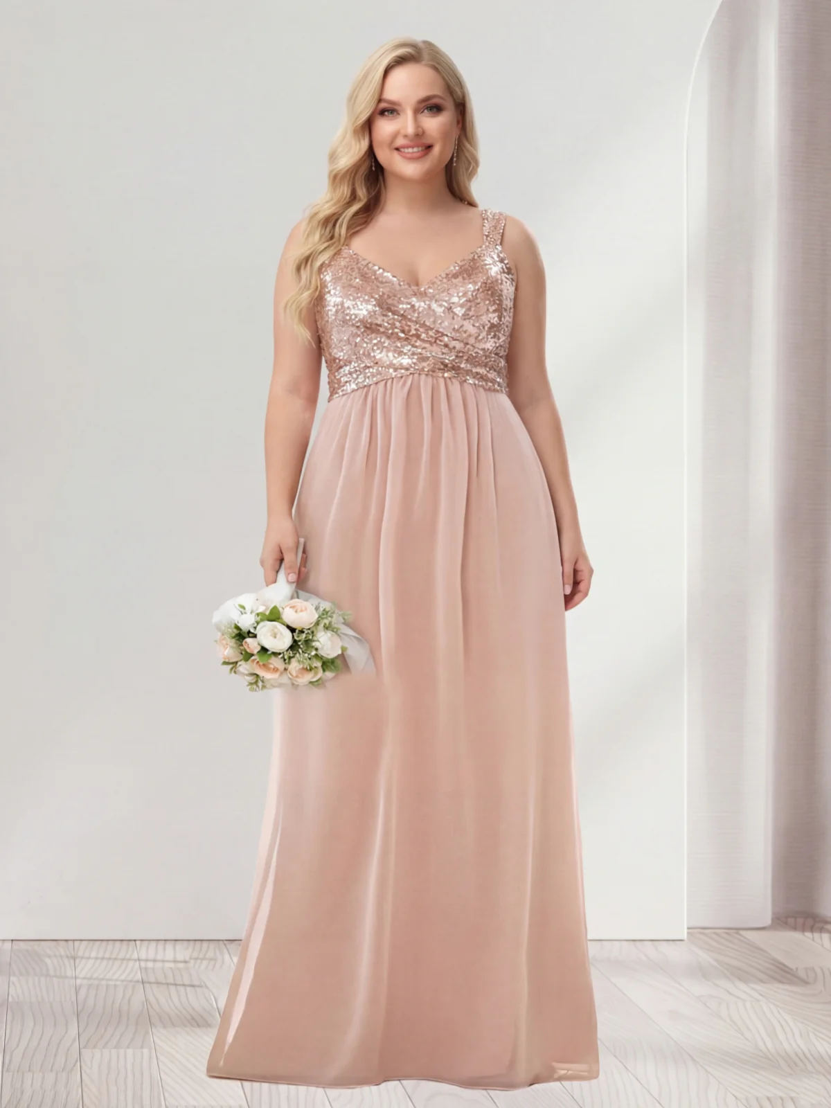 A-Line/Princess V-Neck Sleeveless Sequins Plus Size Bridesmaid Dresses