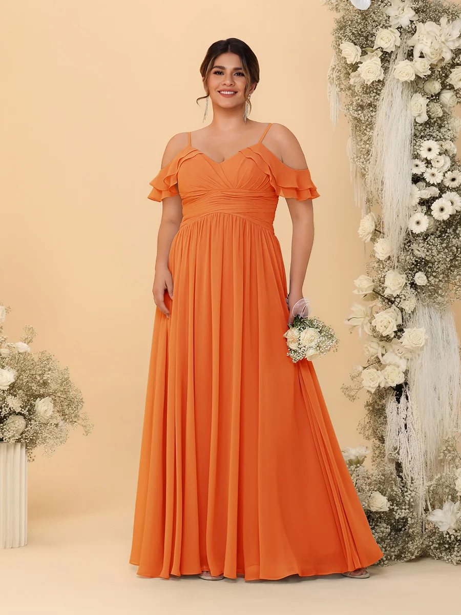 A-Line/Princess V-Neck Spaghetti Straps Chiffon Ruched Plus Size Bridesmaid Dresses - Image 48