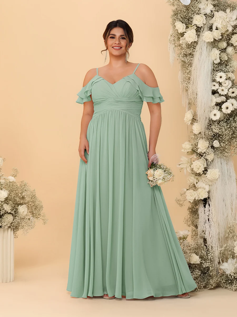 A-Line/Princess V-Neck Spaghetti Straps Chiffon Ruched Plus Size Bridesmaid Dresses - Image 59