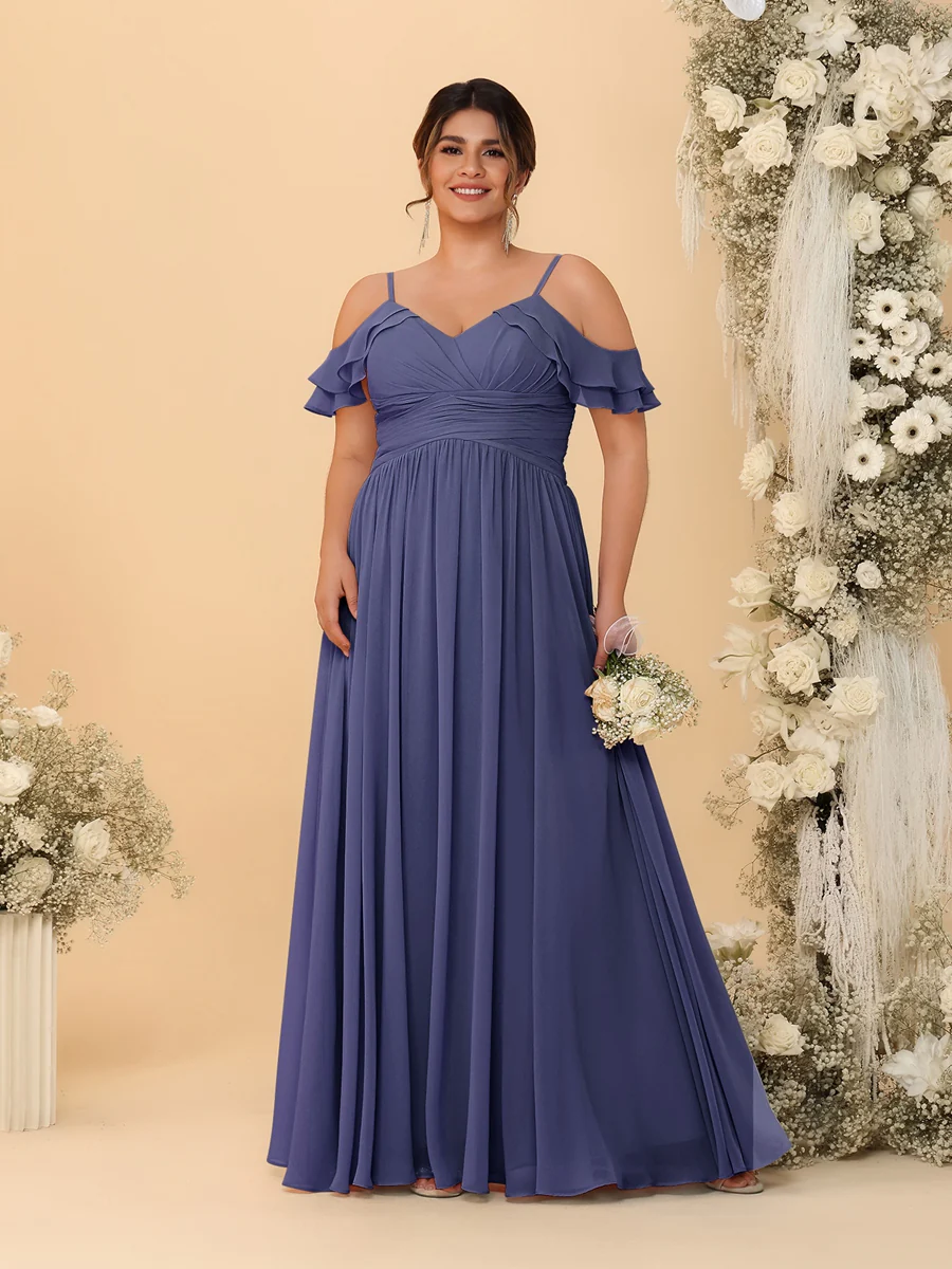 A-Line/Princess V-Neck Spaghetti Straps Chiffon Ruched Plus Size Bridesmaid Dresses - Image 66