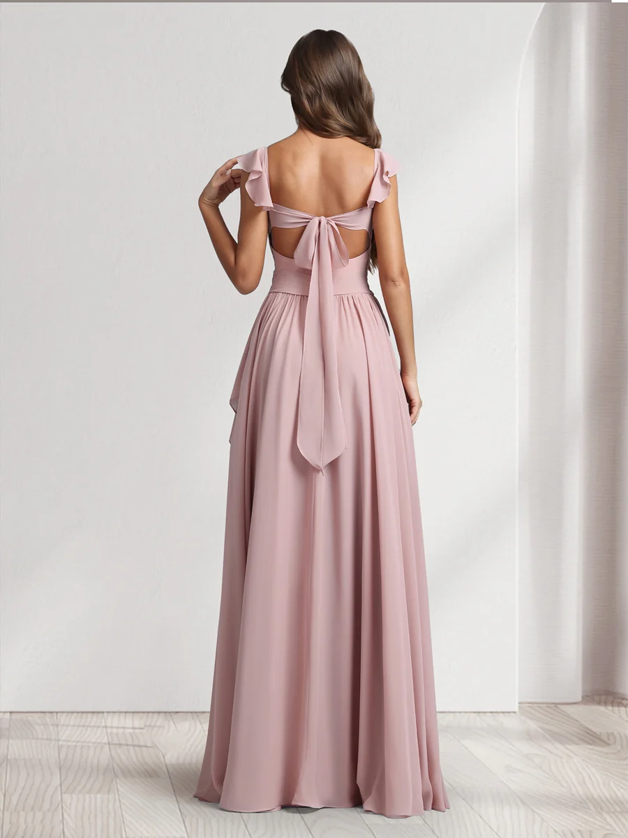 A-Line/Princess V-Neck Spaghetti Straps Sleeveless Floor-Length Bridesmaid Dresses With Ruffles & Pleats - Image 2