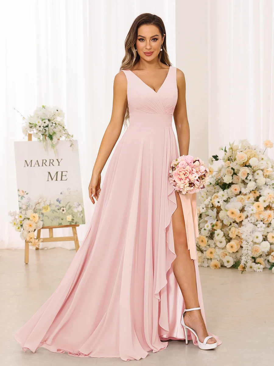 A-Line/Princess V-Neck Split Side Long Bridesmaid Dresses with Pockets - Image 28