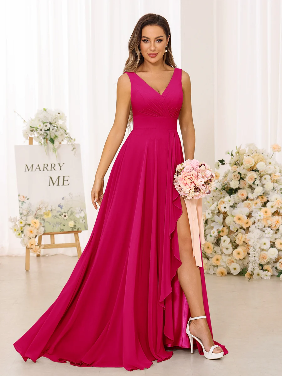 A-Line/Princess V-Neck Split Side Long Bridesmaid Dresses with Pockets - Image 35