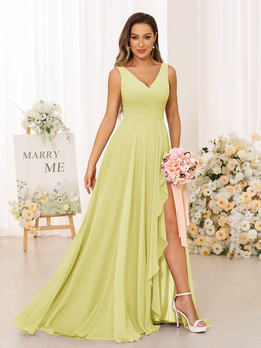 A-Line/Princess V-Neck Split Side Long Bridesmaid Dresses with Pockets - Image 69