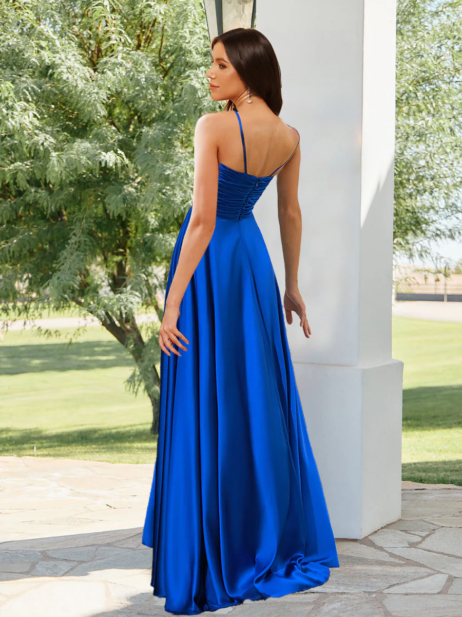 A-Line/Princess V-Neck Straps Floor-Length Pleated Long Bridesmaid Dresses - Image 2