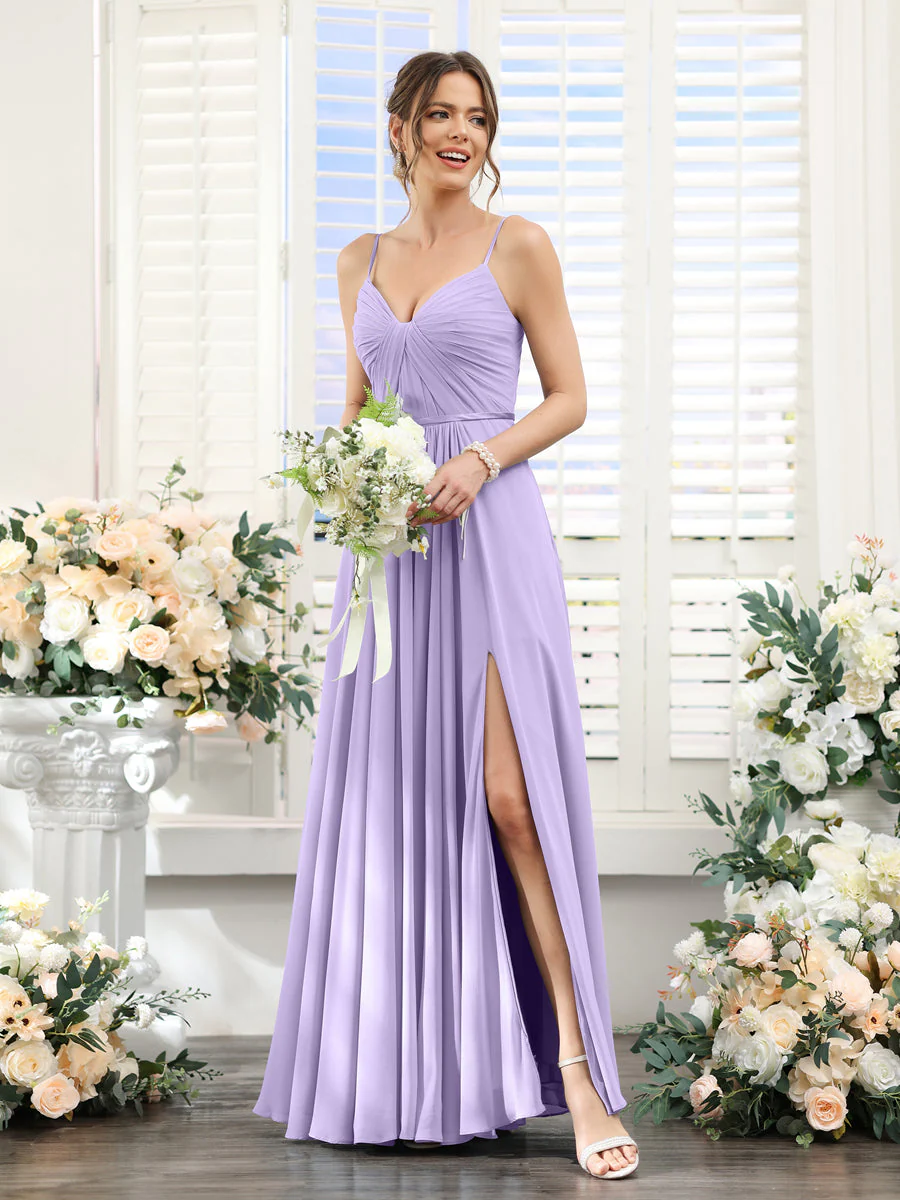 A-Line Ruched V-Neck Spaghetti Straps Split Side Floor-Length Chiffon Bridesmaid Dresses - Image 13
