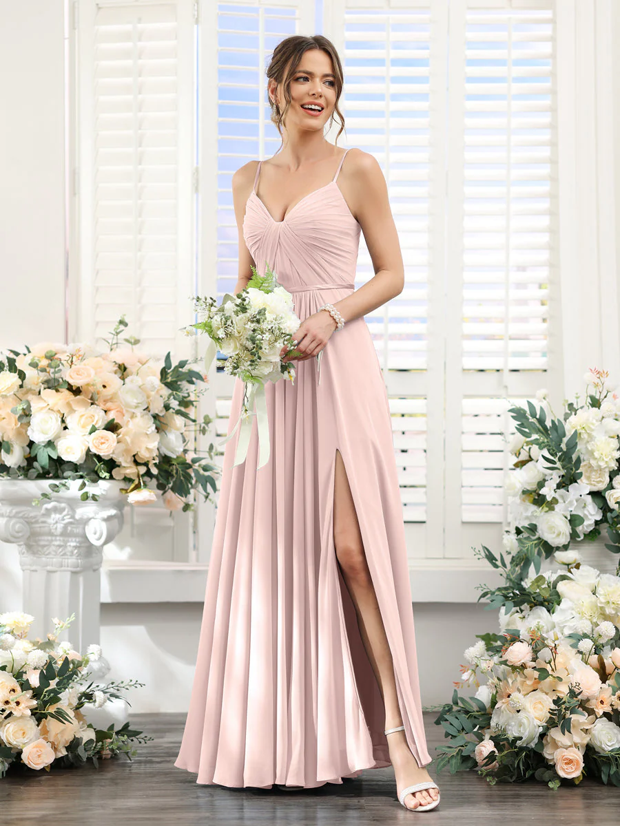 A-Line Ruched V-Neck Spaghetti Straps Split Side Floor-Length Chiffon Bridesmaid Dresses - Image 25