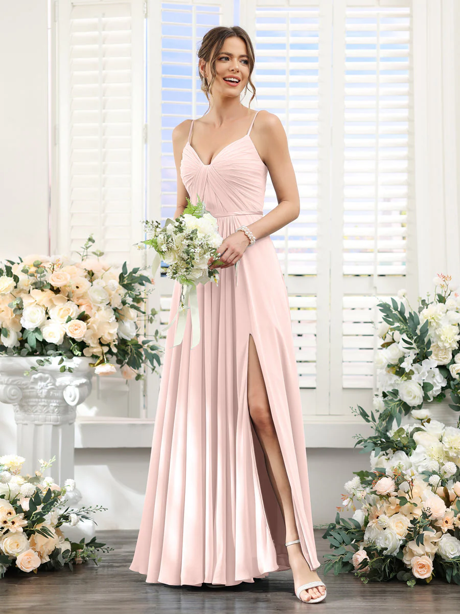 A-Line Ruched V-Neck Spaghetti Straps Split Side Floor-Length Chiffon Bridesmaid Dresses - Image 26