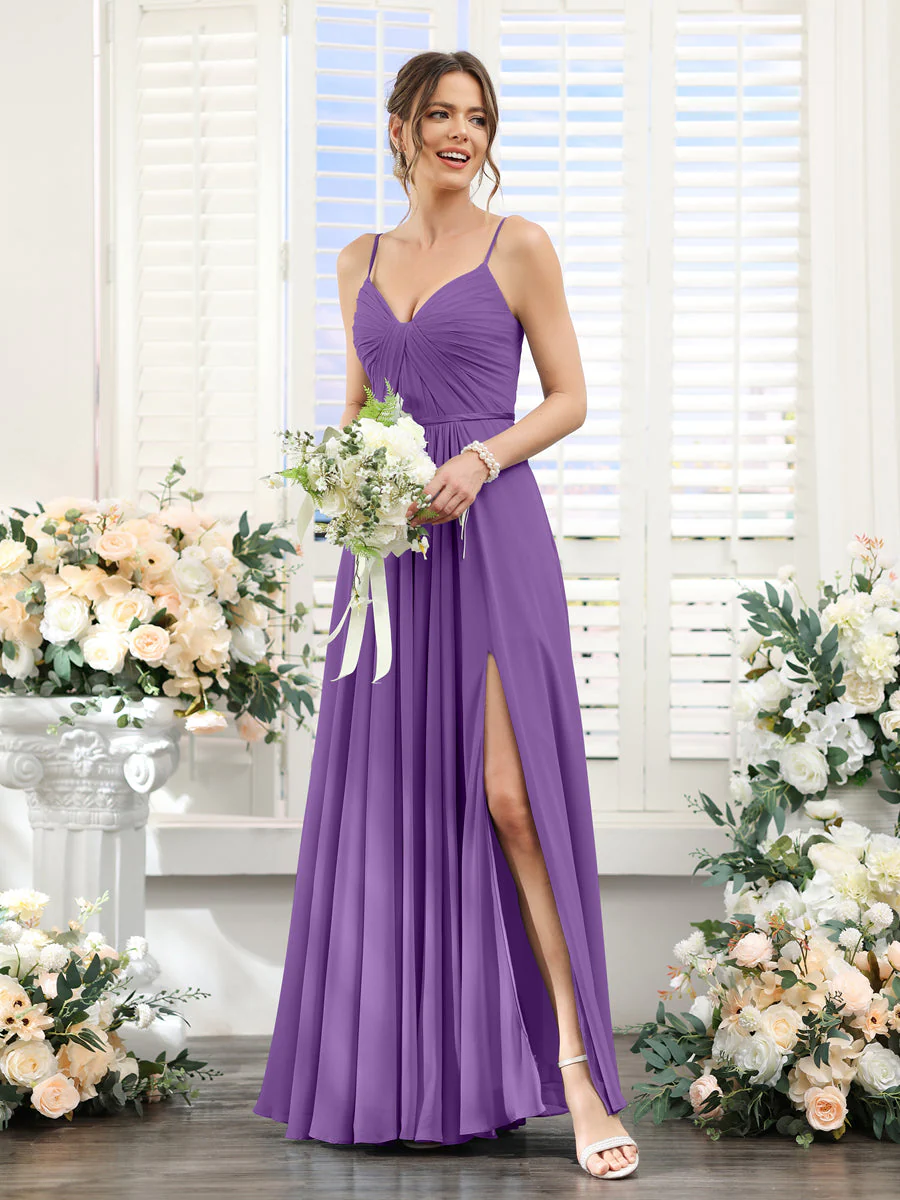 A-Line Ruched V-Neck Spaghetti Straps Split Side Floor-Length Chiffon Bridesmaid Dresses - Image 41