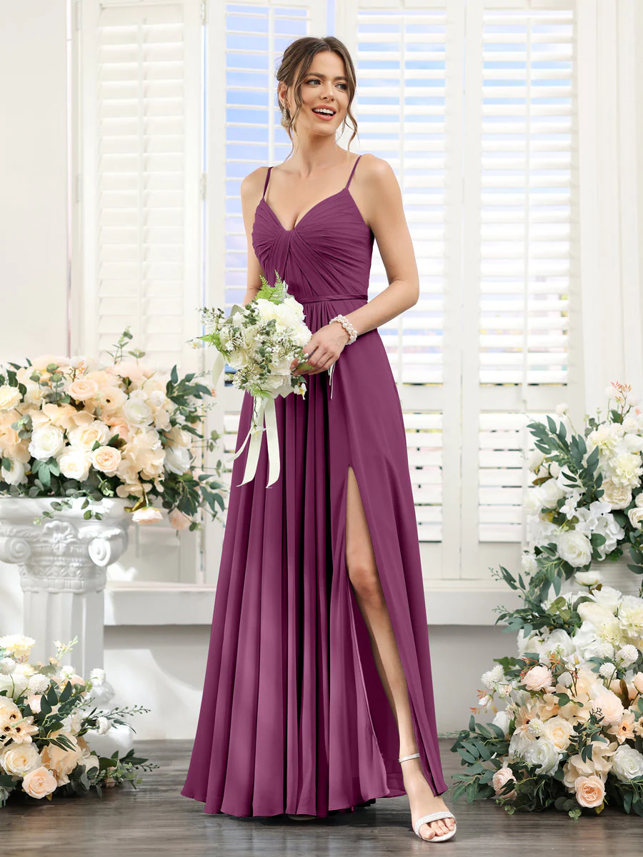 A-Line Ruched V-Neck Spaghetti Straps Split Side Floor-Length Chiffon Bridesmaid Dresses - Image 43