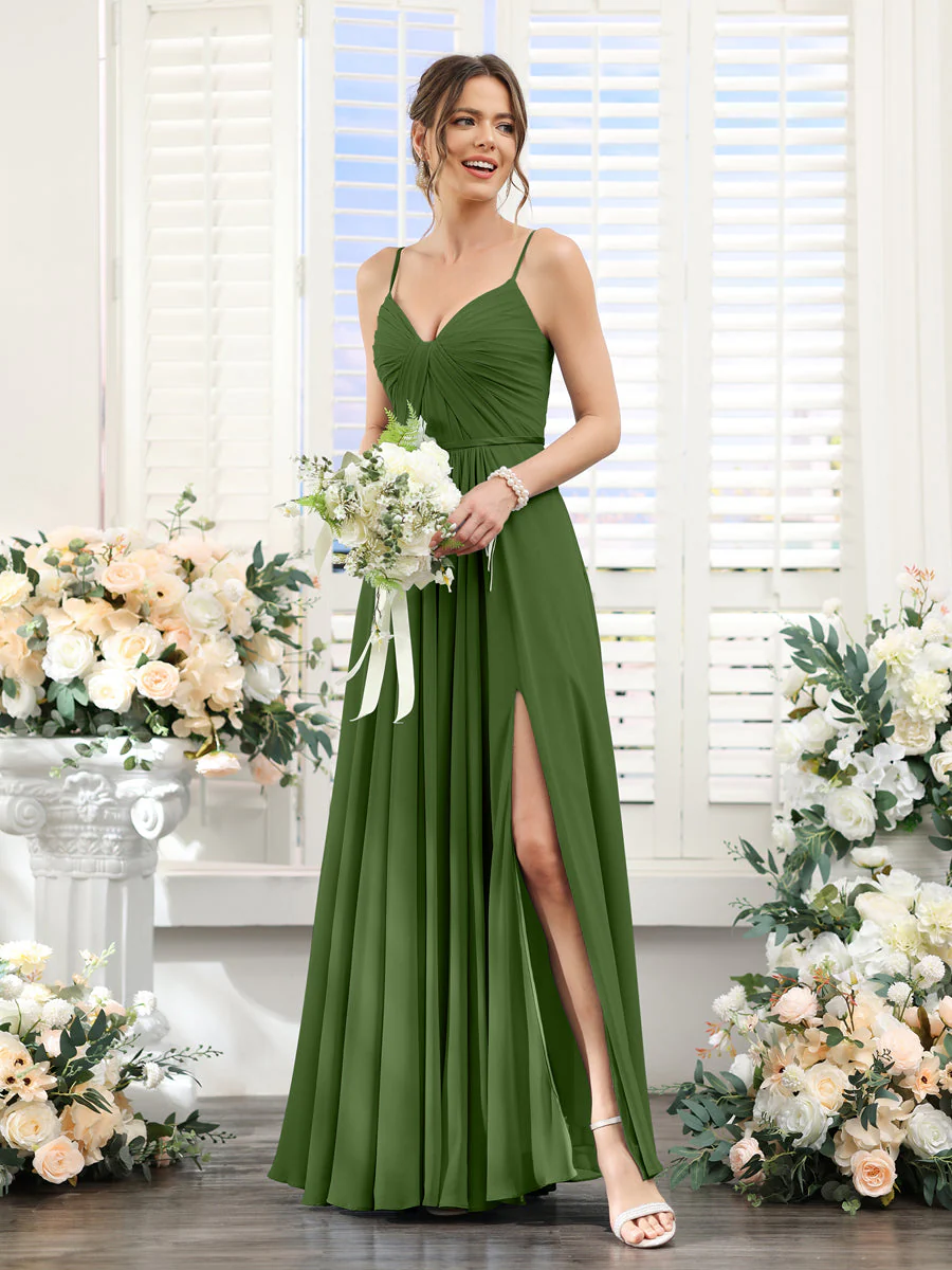 A-Line Ruched V-Neck Spaghetti Straps Split Side Floor-Length Chiffon Bridesmaid Dresses - Image 64