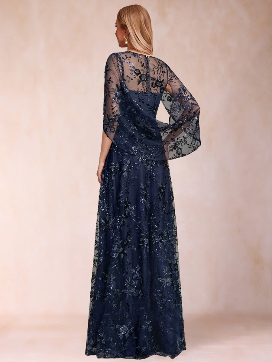 A-line Scoop Short Sleeves Appliques Mother of the Bride Dresses with Cape - Image 2