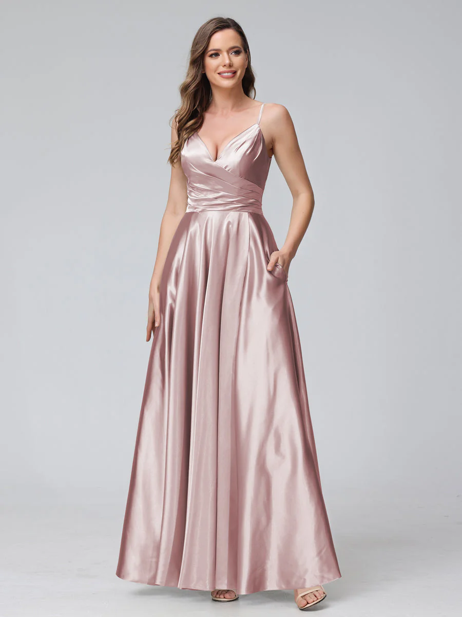 A-Line Sleeveless Long Silk Satin Bridesmaid Dresses with Pockets & Split Side - Image 24