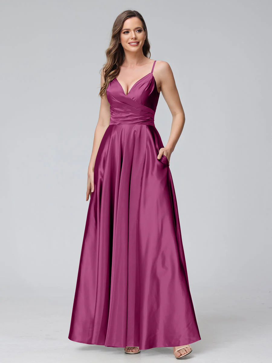 A-Line Sleeveless Long Silk Satin Bridesmaid Dresses with Pockets & Split Side - Image 32