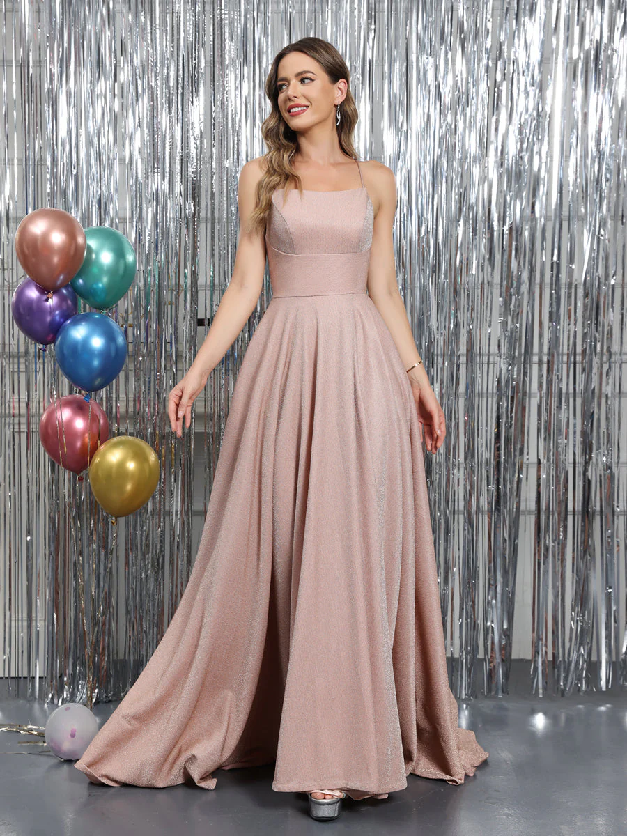 A-Line Sleeveless Metallic Lurex Long Prom Dresses with Spaghetti Straps - Image 6