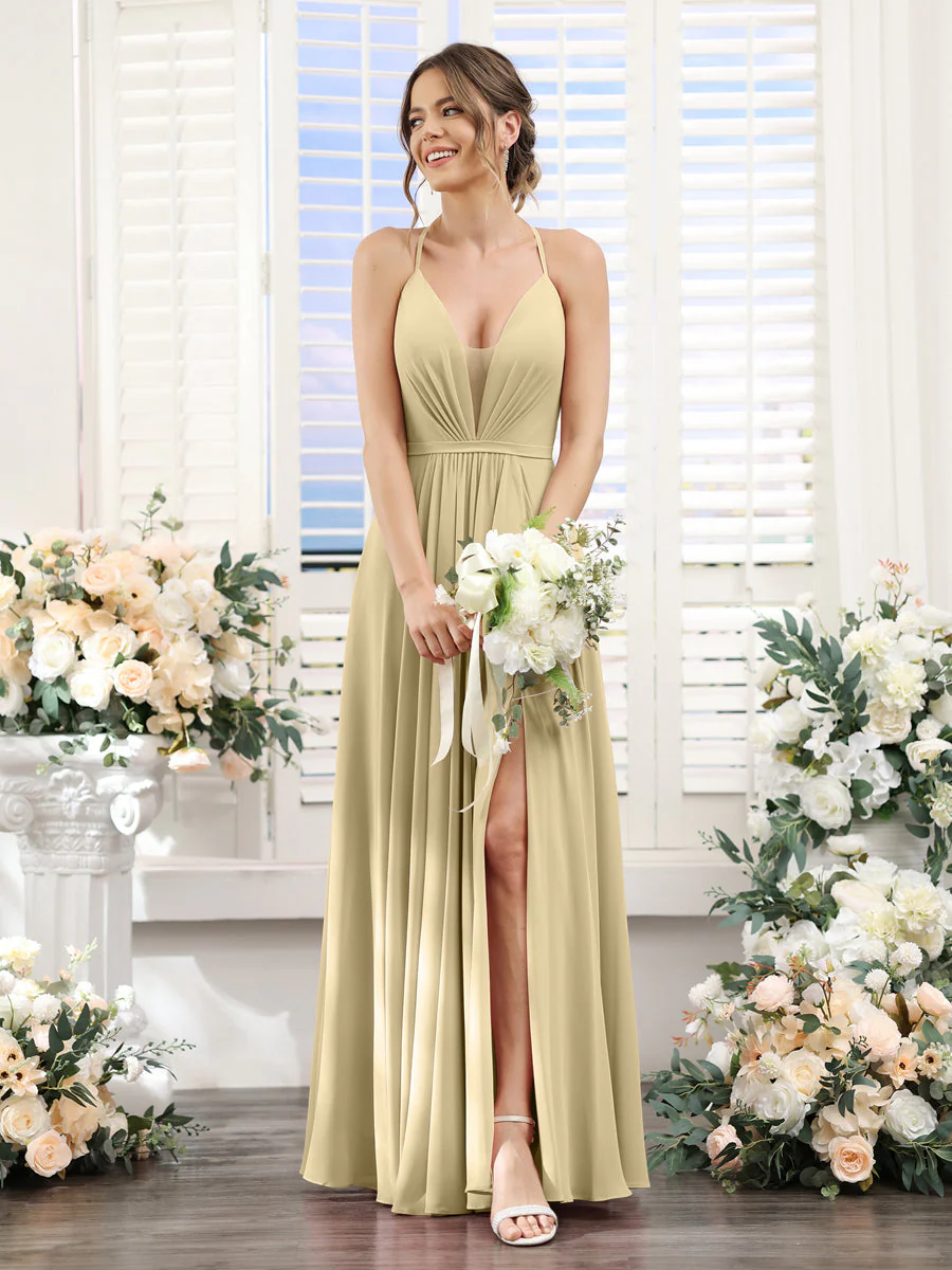 A-Line Spaghetti Straps Sleeveless Backless Split Side Floor-Length Chiffon Bridesmaid Dresses - Image 23