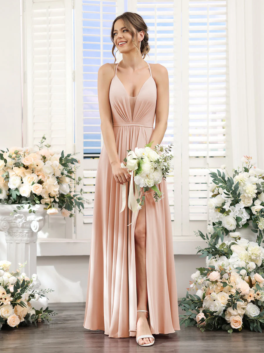 A-Line Spaghetti Straps Sleeveless Backless Split Side Floor-Length Chiffon Bridesmaid Dresses - Image 27