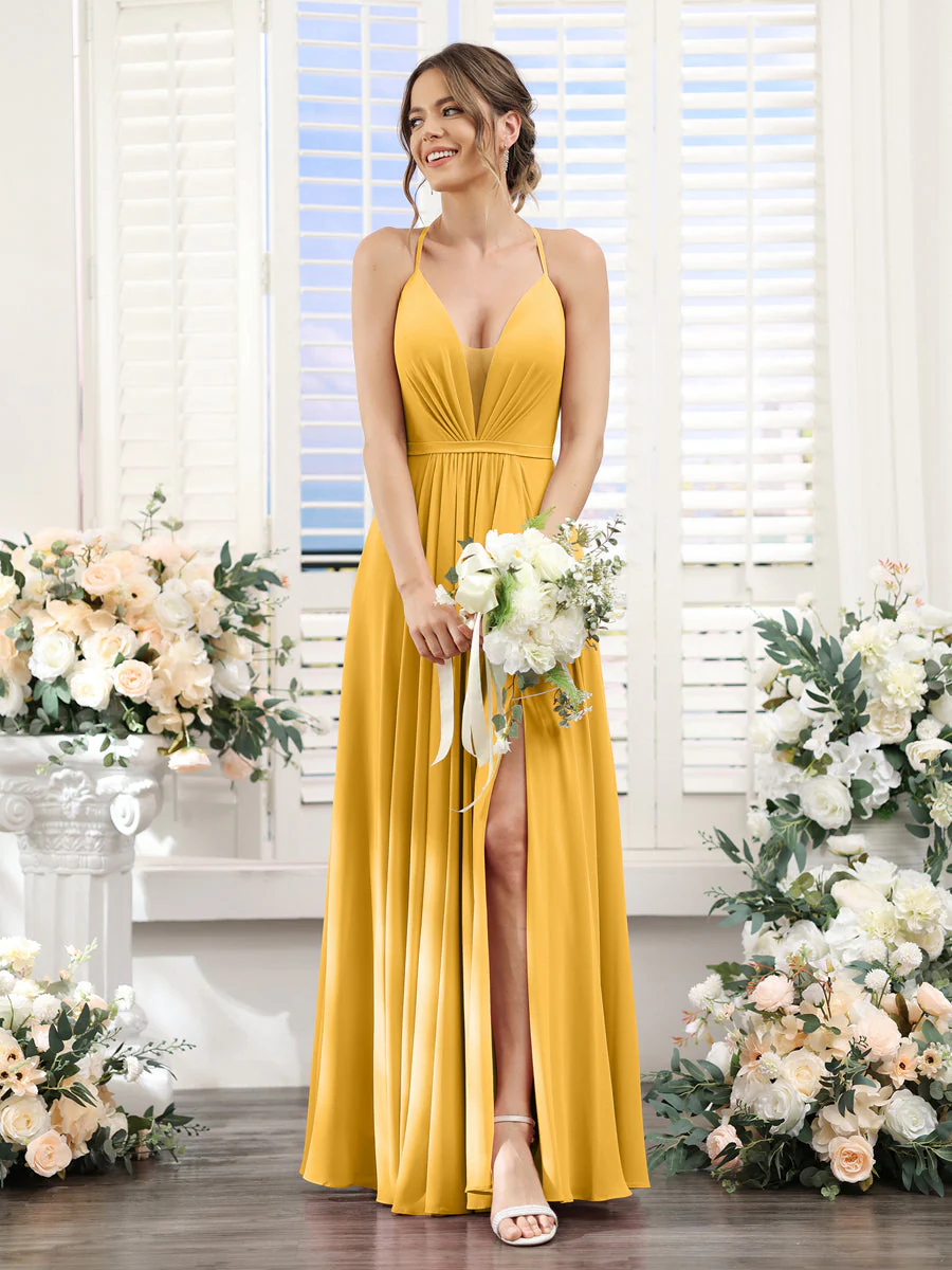 A-Line Spaghetti Straps Sleeveless Backless Split Side Floor-Length Chiffon Bridesmaid Dresses - Image 69