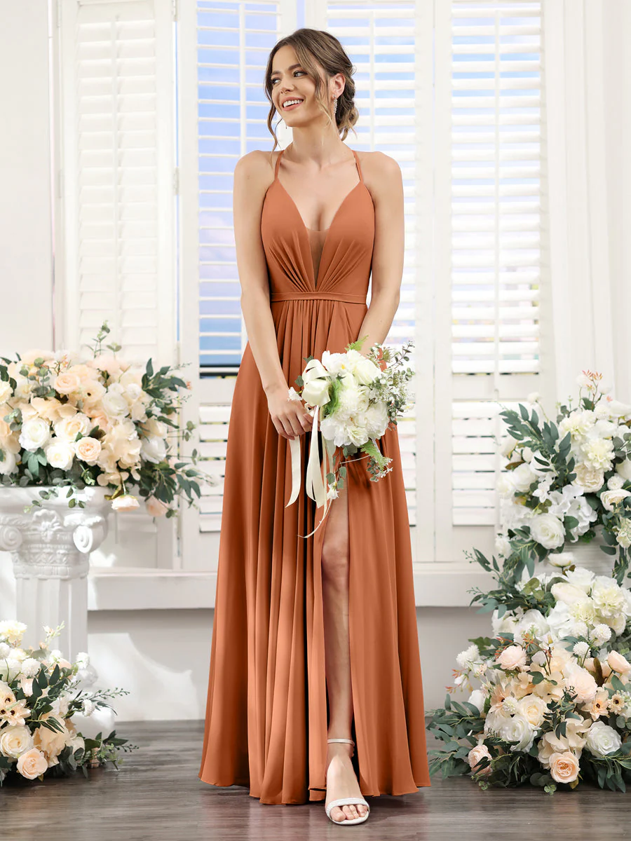A-Line Spaghetti Straps Sleeveless Backless Split Side Floor-Length Chiffon Bridesmaid Dresses - Image 8