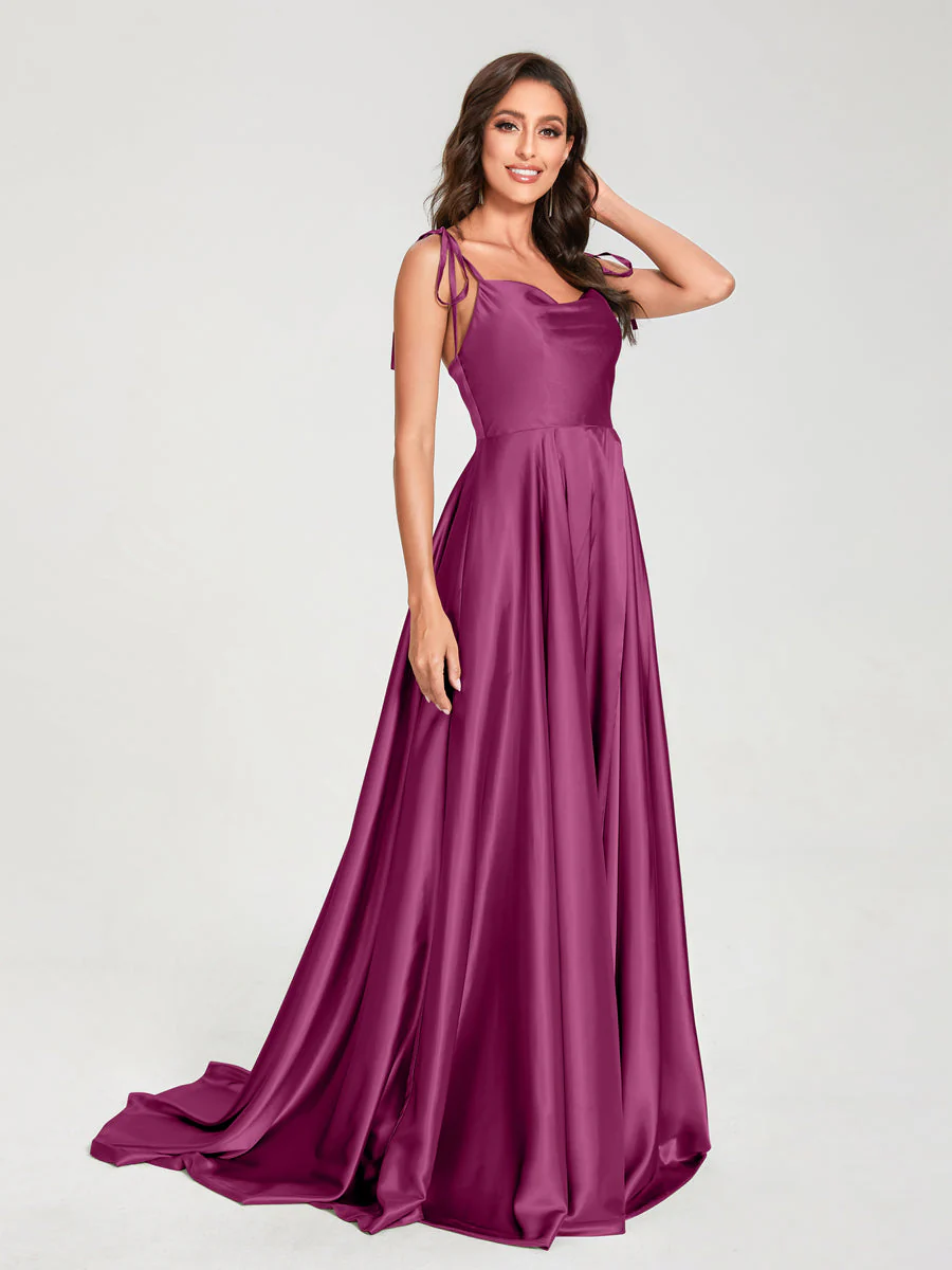 A-Line Spaghetti Straps Sleeveless Long Silk Like Satin Bridesmaid Dresses - Image 32