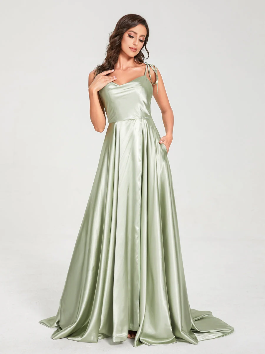 A-Line Spaghetti Straps Sleeveless Long Silk Like Satin Bridesmaid Dresses - Image 5
