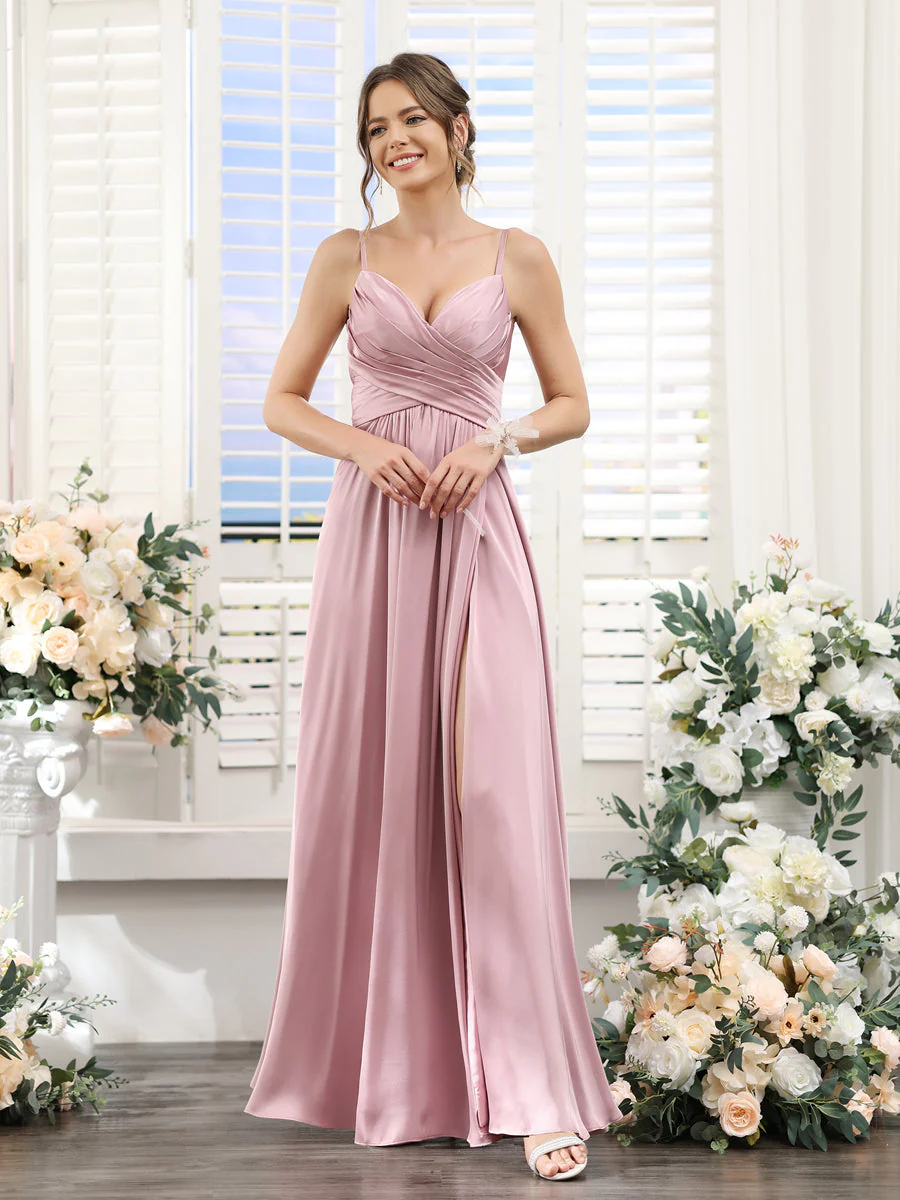 A-Line Spaghetti Straps Sleeveless Ruched Split Side Floor-Length Silk Satin Bridesmaid Dresses - Image 4
