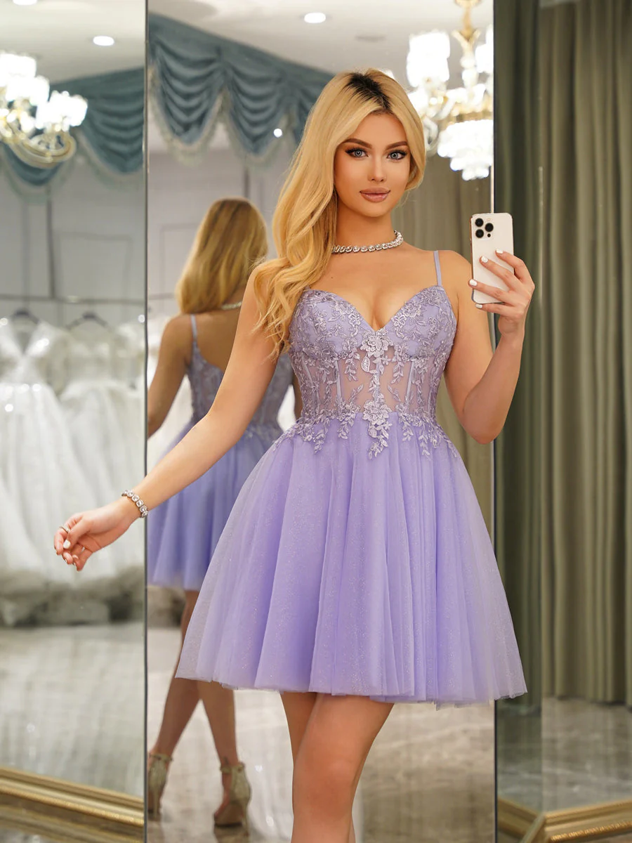 A-Line Spaghetti Straps Sleeveless Short Dresses with Appliques - Image 6