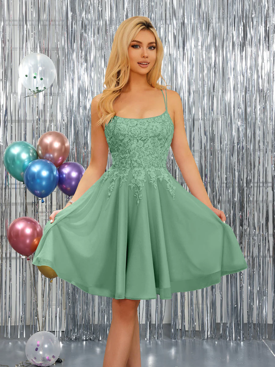 A-Line Spaghetti Straps Sleeveless Short Dresses with Appliques - Image 18