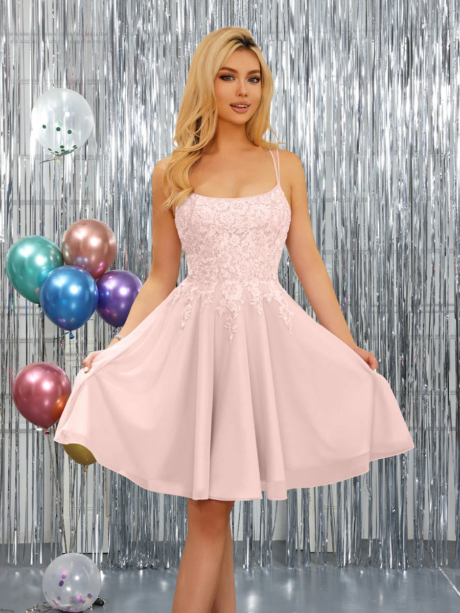 A-Line Spaghetti Straps Sleeveless Short Dresses with Appliques - Image 27