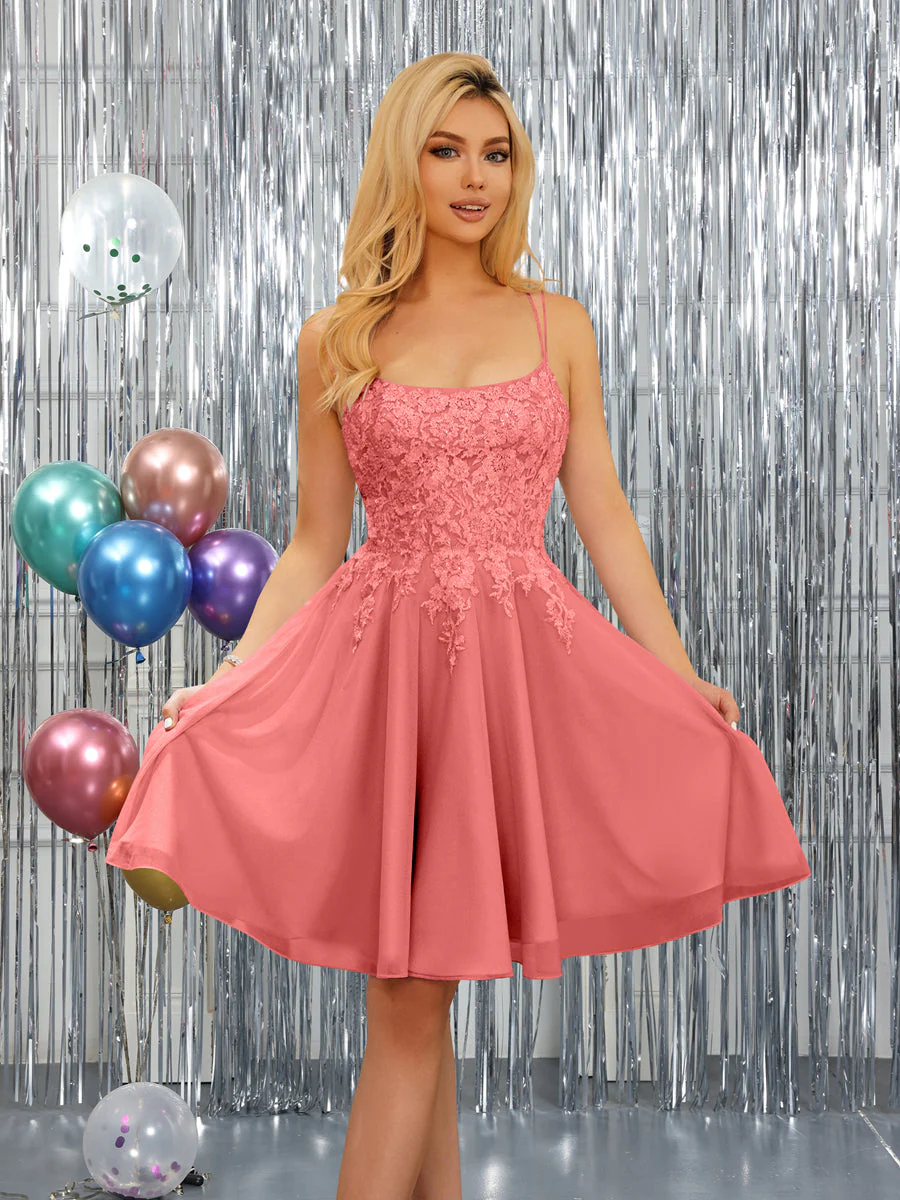 A-Line Spaghetti Straps Sleeveless Short Dresses with Appliques - Image 32
