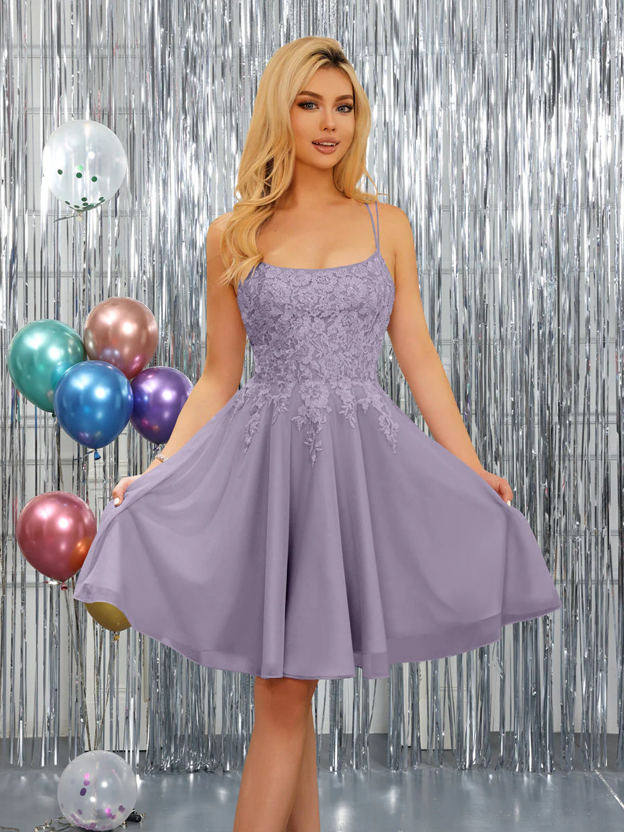 A-Line Spaghetti Straps Sleeveless Short Dresses with Appliques - Image 39