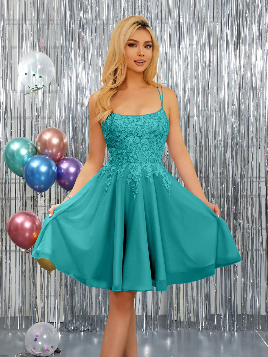 A-Line Spaghetti Straps Sleeveless Short Dresses with Appliques - Image 52