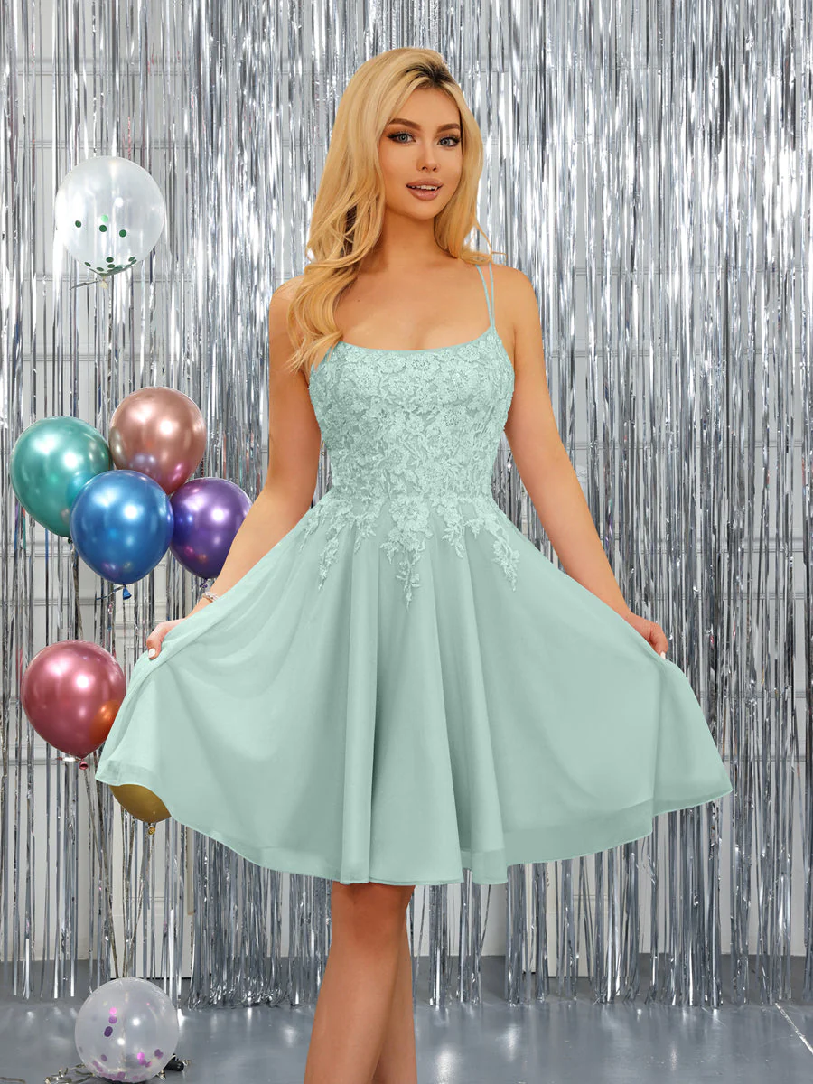 A-Line Spaghetti Straps Sleeveless Short Dresses with Appliques - Image 60