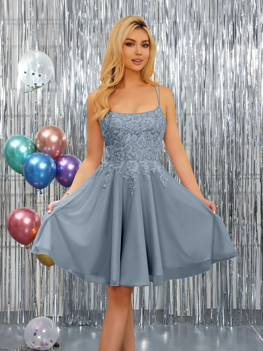 A-Line Spaghetti Straps Sleeveless Short Dresses with Appliques - Image 9