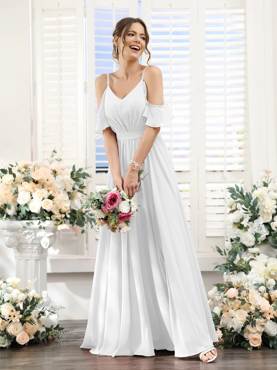 A-Line Spaghetti Straps Split Side Ruched Floor-Length Chiffon Bridesmaid Dresses - Image 20