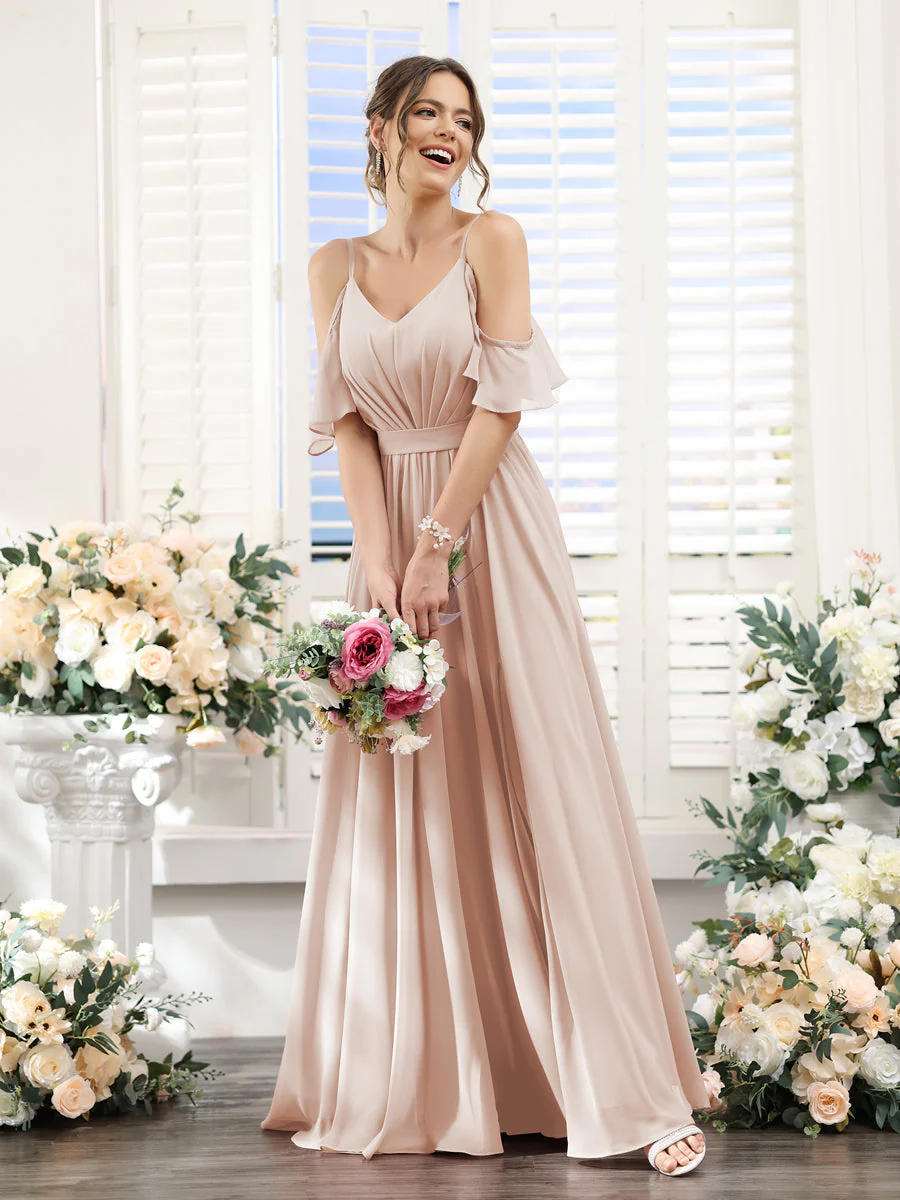 A-Line Spaghetti Straps Split Side Ruched Floor-Length Chiffon Bridesmaid Dresses - Image 28