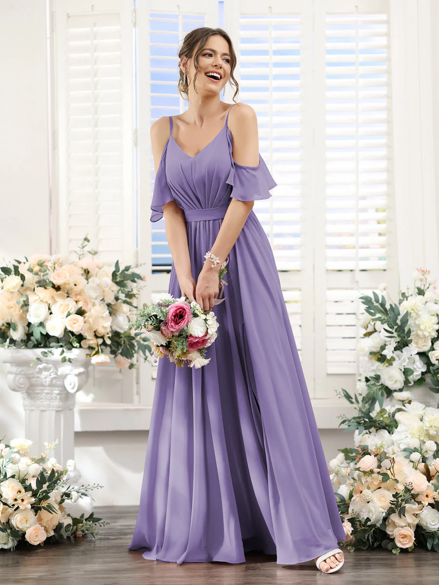 A-Line Spaghetti Straps Split Side Ruched Floor-Length Chiffon Bridesmaid Dresses - Image 41