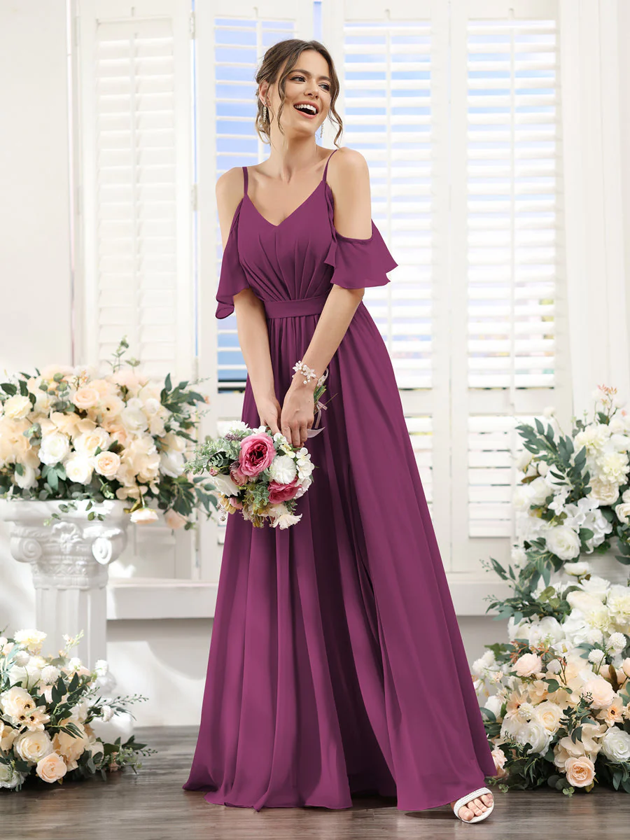 A-Line Spaghetti Straps Split Side Ruched Floor-Length Chiffon Bridesmaid Dresses - Image 44