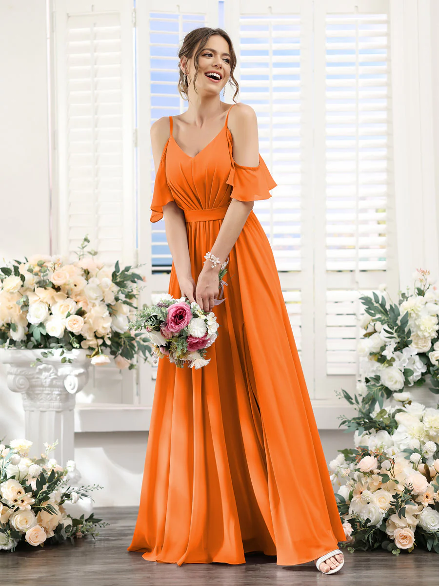 A-Line Spaghetti Straps Split Side Ruched Floor-Length Chiffon Bridesmaid Dresses - Image 72